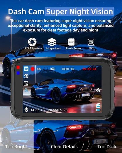 Dash Cam Front and Rear Camera, Biuone 1080P Dash Camera for Cars, Dash Cam with 3'' IPS Screen with Night Vision, G-Sensor, WDR, Loop Recording, 24/7 Parking Monitor