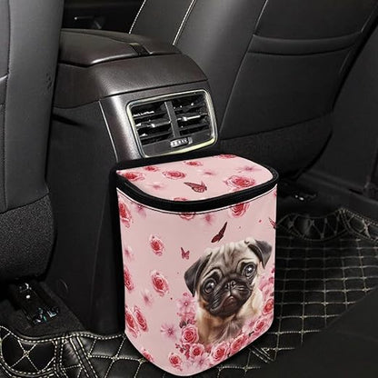 Talayituse Pug Dog Flower Print Car Trash Can, Portable Auto Garbage Bin Multifunctional Vehicle Interior Accessories with Adjustable Straps Universal Fit Truck SUV Sedan