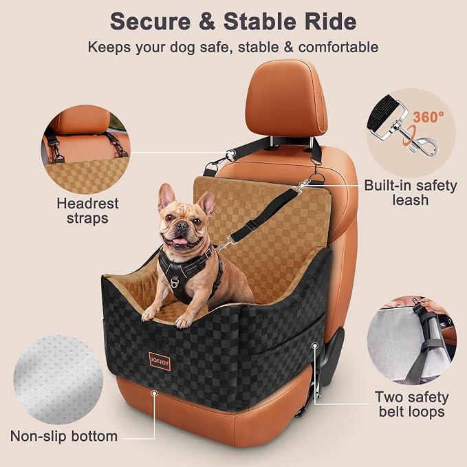 JOEJOY Elevated Dog Car Seat for Small/Medium Dogs up to 35 lbs, Memory Foam Booster Seat with Detachable Washable Cover, Travel-Safe Car Bed with Safety Belts & Storage Pockets, Brown