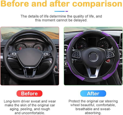 Osilly Car Steering Wheel Cover, 15 inch Carbon Fiber Microfiber PU Leather Elastic Steering Wheel Protector for Men Women, Anti-Slip Breathable Car Interior Accessories for Most Cars (Purple)