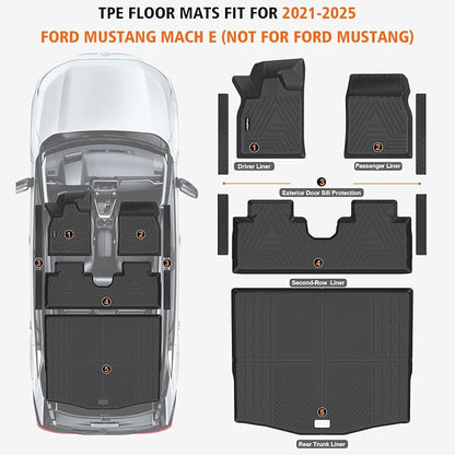 All Weather Floor Mats Cargo Liner for Ford Mustang Mach E 2021-2025 (NOT for Ford Mustang), TPE Rubber Floor Liners Anti-Slip Full Set Mats with Door Sill Protectors for 2025 Mach E Accessories
