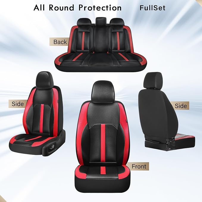 Coverado Leather Car Seat Covers Full Set & Carbon Fiber, Waterproof and Durable All Weather Protector, Universal Fit for SUV, Pickup Truck, Sedan, Automotive Vehicle Interior, Black&Red