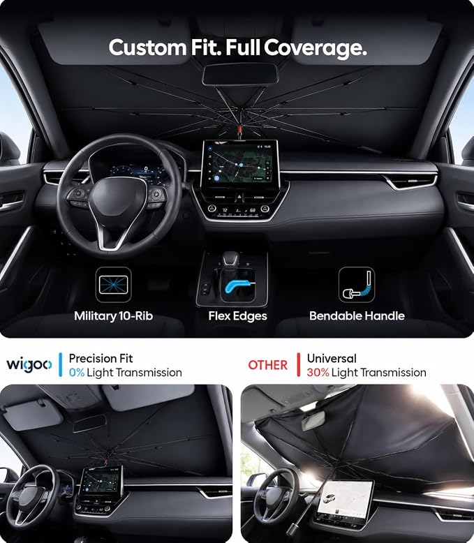 Wigoo Windshield Sun Shade Umbrella for Toyota Corolla [100% Sun Blockage, Ice Cooling Fabric] Reflective Heat Insulation, Foldable Front Window Sunshade Umbrella for Toyota Corolla 2000-2026