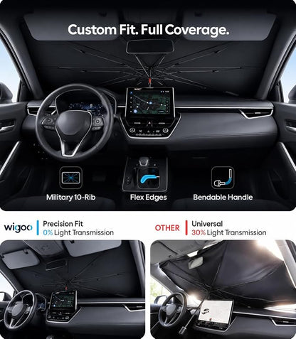 Wigoo Windshield Sun Shade Umbrella for Toyota Corolla [100% Sun Blockage, Ice Cooling Fabric] Reflective Heat Insulation, Foldable Front Window Sunshade Umbrella for Toyota Corolla 2000-2026