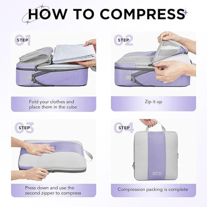 OlarHike 8 Set Compression Packing Cubes for Travel Essentials,Compressible Expandable Space Saver Bags for Organizing Clothes,Luggage Suitcase Garment Bags with Over 1000 pcs Mesh Holes(Purple Gray)