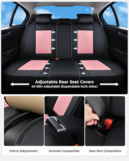 Huidasource Seat Covers Full Set, Luxury Nappa Leather Seat Covers with Velcro Adjustable, Airbag, Lumbar Support, Cooling ＆ Heating, Pink Car Seat Covers Fit for Most Cars SUV Trucks, Black＆Pink