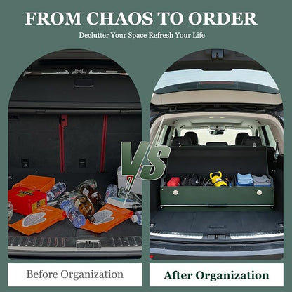 Car Trunk Organizer, Leather Car Trunk Storage Organizer with Lid and Sturdy Handle Car Organizer Storage Box Suv Trunk Organizer (Green, 40.5 x 11.4 x 12.2in)