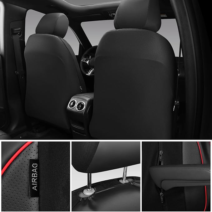 CAR PASS 3D Foam PU Leather Car Seat Covers, Universal Seat Covers Front 2 for Trucks SUV Sedan Automotive Seat Covers Armrest Airbag Compatible Waterproof Comfortable Faux Nappa Leather Black Red
