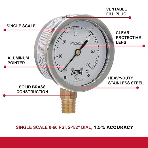 Winters 2-1/2" Dial Size, Liquid Filled Industrial Pressure Gauge, Brass Internals, 304 Stainless Steel Case, Single Scale 0-60 psi, 1.5% Acc, 1/4" NPT Bottom Mount, Glycerin Filled Pressure Gauge