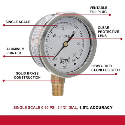 Winters 2-1/2" Dial Size, Liquid Filled Industrial Pressure Gauge, Brass Internals, 304 Stainless Steel Case, Single Scale 0-60 psi, 1.5% Acc, 1/4" NPT Bottom Mount, Glycerin Filled Pressure Gauge