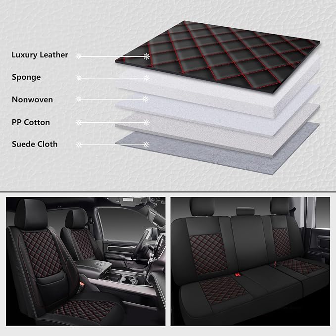 Ram Seat Covers 2019-2026 Front Pair, Truck Interior Sets with Lumbar Support Custom Fit for Dodge Ram 1500/2500/3500 Crew/Quad/Mega Cab Bighorn Longhorn Laramie Tradesman Rebel, Black Red