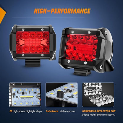 Nilight 4 inch LED Light Pod Red Triple Row 2PCS 60W Flood Spot Combo Driving Fog Lights Fishing Hunting Emergency Safety Signal Deck Trailer Lighting for UTV Pick-up Van Boat Tractor