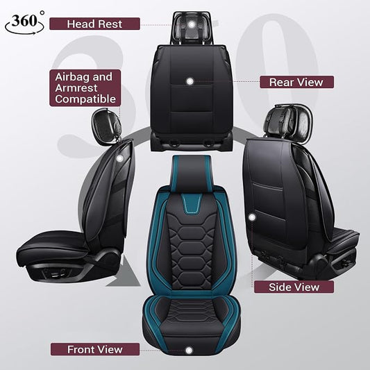 OASIS AUTO Car Seat Covers Front Seats, Sporty Honeycomb Waterproof Faux Leather Protectors, Universal Fit for SUV, Sedan, Truck Interior Accessories (OS-004 Black&Teal)