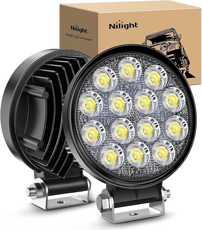 Nilight LED Pods 2Pcs 4.5Inch 42W 4200LM Round Flood Light Off Road Fog Lights Driving Roof LED Light Bar Work Light for ATV UTV SUV Truck Boat (15017C-B)