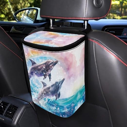 Talayituse Dolphin Rainbow Print Car Trash Can, Portable Auto Garbage Bin Multifunctional Vehicle Interior Accessories with Adjustable Straps Universal Fit Truck SUV Sedan