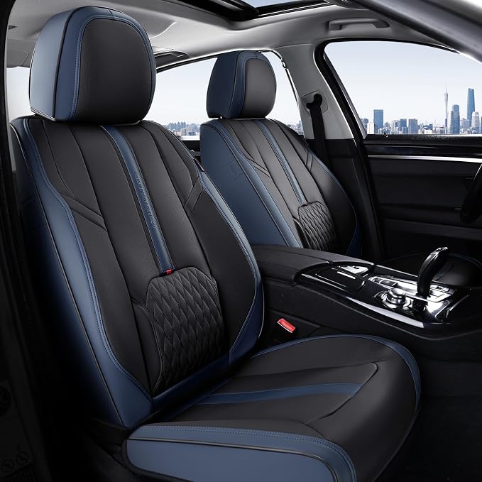 Coverado Car Seat Covers, Front and Back Seat Covers, Universal Seat Cover for Cars with Lumbar Support, Faux Leather Car Seat Protector Waterproof Car Seat Cushions Fit for Most Vehicles (Blue&Black)