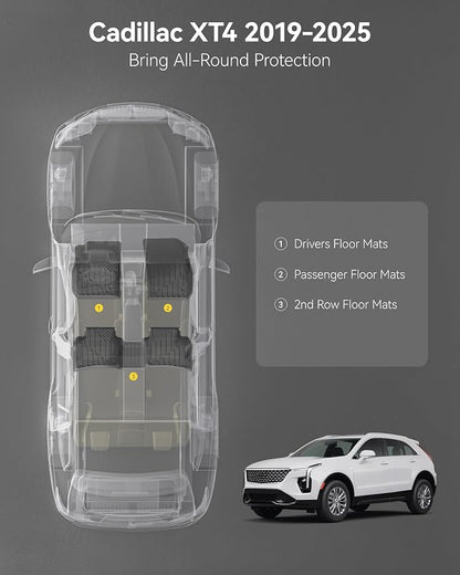 3W Floor Mats for Cadillac XT4 2019-2024 2025, Custom Fit TPE All Weather Car Accessories Cadillac XT4 Floor Liner, 1st and 2nd Row Car Mats Black