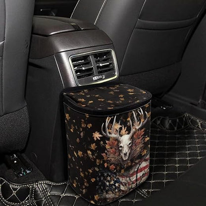 Talayituse Deer Skull American Flag Print Car Trash Can, Portable Auto Garbage Bin Multifunctional Vehicle Interior Accessories with Adjustable Straps Universal Fit Truck SUV Sedan
