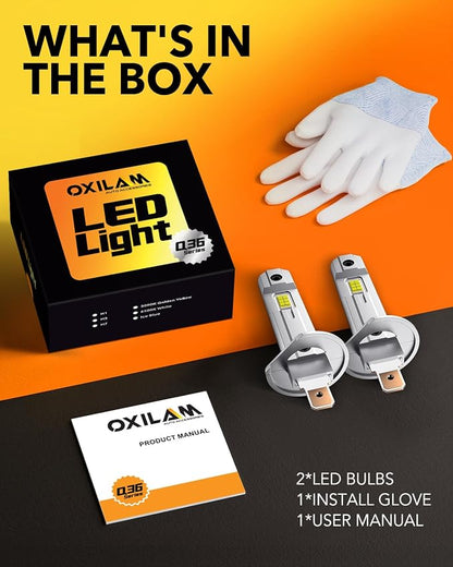 OXILAM H1 LED Light Bulb, 10X Brighter 6500K White, Anti-Flicker, 60,000Hrs Lifespan, Plug and Play, IP68, H1/H1LL Fog Compatible with Cars Trucks SUVs, Pack of 2
