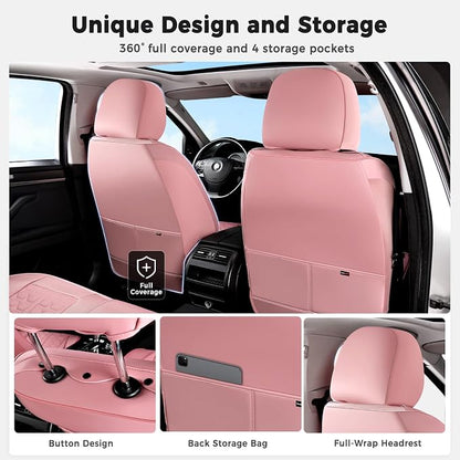 Huidasource Pink Car Seat Covers Full Set, Car Seat Covers Front and Rear Seat, Full Coverage Waterproof Leather Car Seat Cushion Cover Protector Universal Fit for Most Cars SUV Trucks