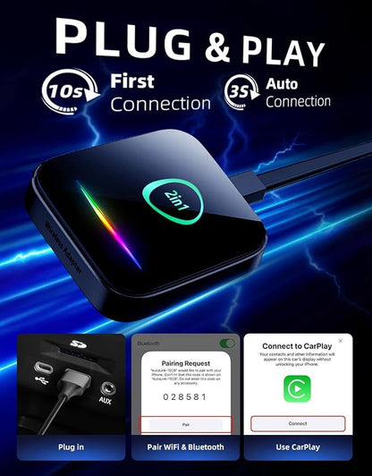 Wireless CarPlay Adapter & Android Auto Dongle – Plug & Play, Converts Wired to Wireless, Fast & Stable Connection, Compatible with iPhone iOS 10+, Android 11+ & 800+ Car Models (2016 & Newer)
