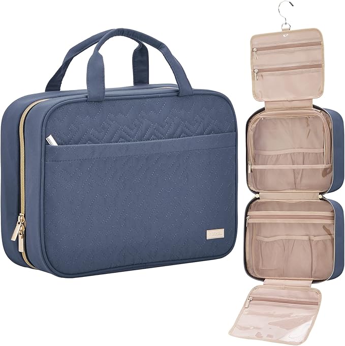 NISHEL Travel Toiletry Bag for women, Portable Hanging Organizer for Full-Sized Shampoo, Conditioner, Brushes Set, Makeup Accessories, Large Size, Aegean-Blue