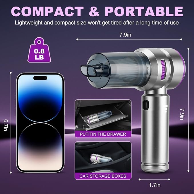 Handheld Car Vacuum Portable Cordless - 18000PA High Power with Brushless Motor, 4-in-1 Air Duster, Blower, Pump & Rechargeable Mini Vacuum for Car, Home, Office (Silver Grey+Purple)