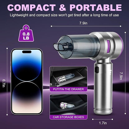 Handheld Car Vacuum Portable Cordless - 18000PA High Power with Brushless Motor, 4-in-1 Air Duster, Blower, Pump & Rechargeable Mini Vacuum for Car, Home, Office (Silver Grey+Purple)