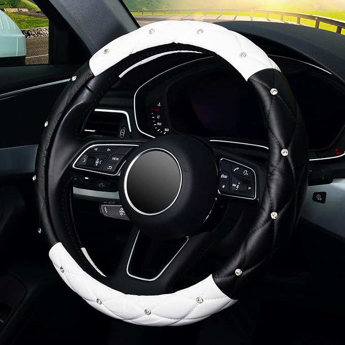 KAFEEK Diamond Soft Leather Steering Wheel Cover with Bling Bling Crystal Rhinestones, Universal 15 inch, Black White