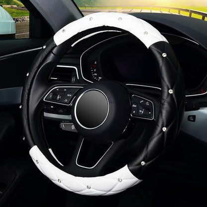 KAFEEK Diamond Soft Leather Steering Wheel Cover with Bling Bling Crystal Rhinestones, Universal 15 inch, Black White