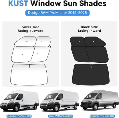KUST 5-Pack Window Sun Shade for 2014-2025 Dodge RAM ProMaster Interior Accessories Full Size Cargo Van Sunshade Full Coverage Window Shades Silver & Black Shade, Sun Shield Blocks UV Rays Heat