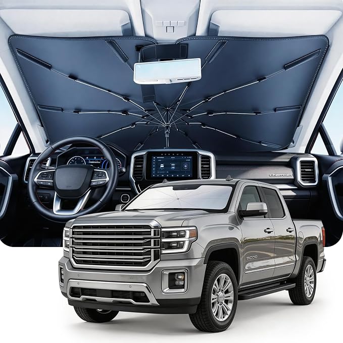 DMJN Umbrella Windshield Sun Shade for GMC Sierra 1500 2500 3500 (2014-2026), Car Sunshade for Front Windshield [Nano Ice-Crystal Coatings] UPF50+ Heat & UV Block, Protect Interior & Keep Cooler
