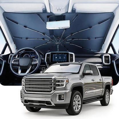 DMJN Umbrella Windshield Sun Shade for GMC Sierra 1500 2500 3500 (2014-2026), Car Sunshade for Front Windshield [Nano Ice-Crystal Coatings] UPF50+ Heat & UV Block, Protect Interior & Keep Cooler
