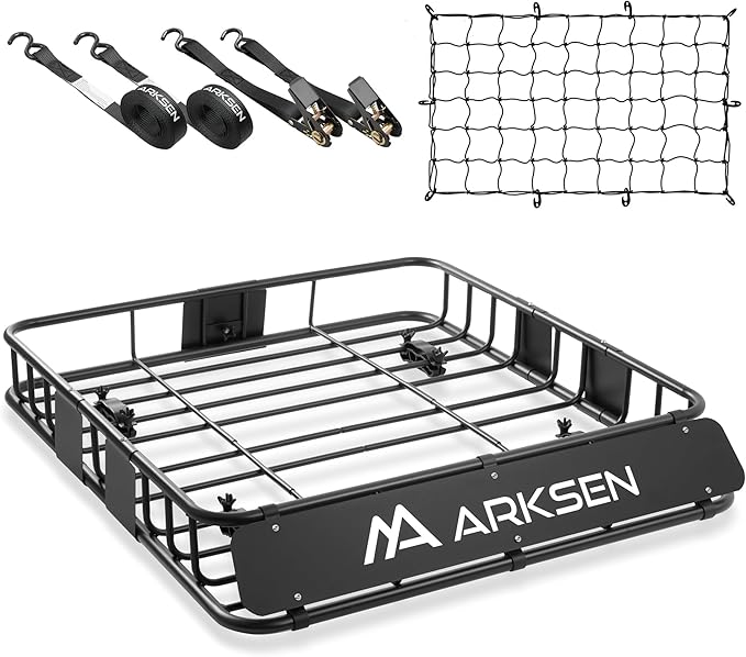 ARKSEN 43" x 39" x 6" Roof Rack Basket with Extension, Cargo Net & Ratchet Straps, 150 lb Heavy-Duty Steel Cargo Carrier, Fits Crossbars up to 1.38" Thick, for SUV & Pickup Truck