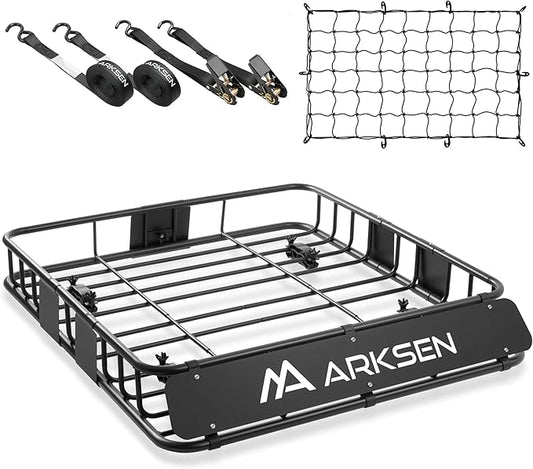 ARKSEN 43" x 39" x 6" Roof Rack Basket with Extension, Cargo Net & Ratchet Straps, 150 lb Heavy-Duty Steel Cargo Carrier, Fits Crossbars up to 1.38" Thick, for SUV & Pickup Truck