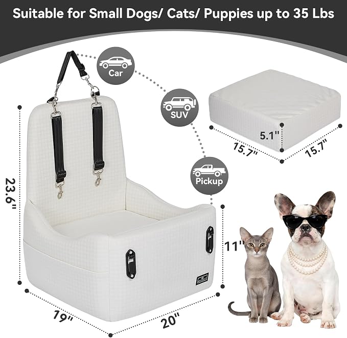 PETSFIT Dog Booster Car Seat for Small/Medium Dogs Up to 35 lbs – Patented Safety System, 5" Memory Foam Pet Car Seat, Fully Detachable and Washable Cover, Front/Back Seat Travel Booster (Beige)