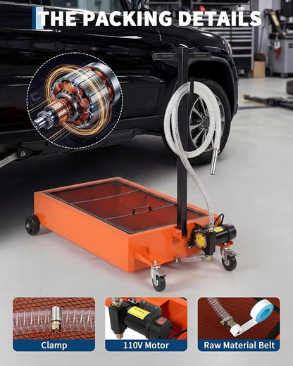 Garvee 25 Gallon Oil Drain Pan, 110V Waste Oil Drain Pan for Oil Change, Steel, 8-8.2 ft Hose& Folding Handle&Rolling Cart, Heavy Duty for Trucks,Orange