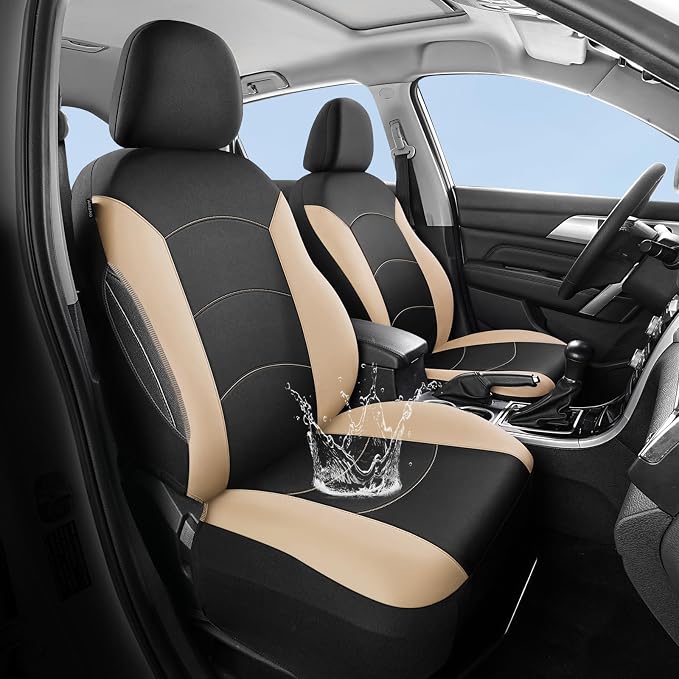 HChengkikz Car Seat Covers Front Seat, Waterproof Neoprene Seat Covers, Airbag Compatible, All Season Protection Universal Fit Most Cars, Trucks, SUVs (Black + Beige)