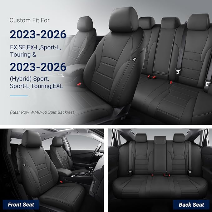 Custom for Honda Accord Seat Covers 2023 2024 2025 2026 EX,SE,EX-L,Sport-L,Touring & 2023-2026 (Hybrid) Sport,Touring,EXL,Sport-L, (Rear Row W/40/60 Split Backrest) - Black