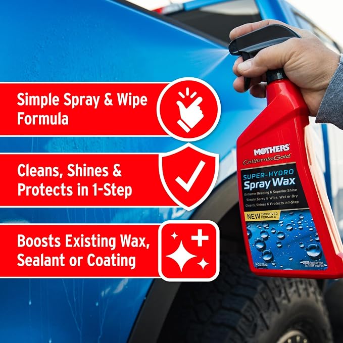 Mothers California Gold Super-Hydro Spray Wax, 24 oz. – Just Waxed Brilliance & Beading, Cleans, Shines & Protects in 1-Step, Use Dry or Wet as a Drying Aid or Over Existing Wax or Coating (05724)