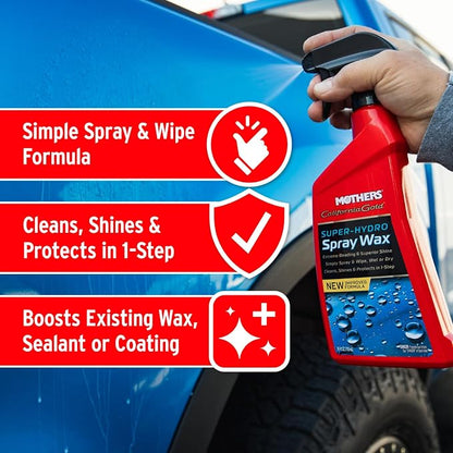 Mothers California Gold Super-Hydro Spray Wax, 24 oz. – Just Waxed Brilliance & Beading, Cleans, Shines & Protects in 1-Step, Use Dry or Wet as a Drying Aid or Over Existing Wax or Coating (05724)