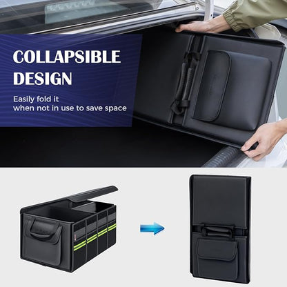 Coverado Car Trunk Organizer - 70L Nappa Leather Trunk Organizer for SUV with Lid, Multi Collapsible Car Storage Organizer Foldable, Multi Compartments with 2 Straps for SUV/Truck