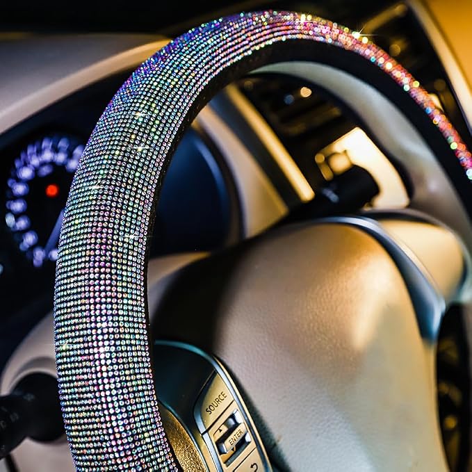 Carwales Car Bling Steering Wheel Cover for Women Girls 15 Inch Universal Colorful Crystal Rhinestone Diamond Rainbow Bling Accessories Anti Slip Wheel Protector Sparkling, Black