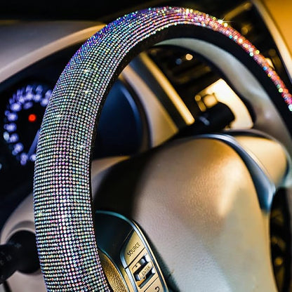 Carwales Car Bling Steering Wheel Cover for Women Girls 15 Inch Universal Colorful Crystal Rhinestone Diamond Rainbow Bling Accessories Anti Slip Wheel Protector Sparkling, Black
