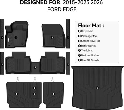 Floor Mats for Ford Edge 2015-2025 2026, Trunk Mat and Backrest Mats & Door Sill Guard All Weather TPE Protector for Ford Edge Accessories