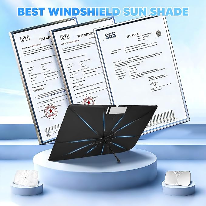KUST 56" * 31" Upgraded Medium Size Windshield Sun Shade Umbrella - 【Fit for Sedan】 - Foldable Ice-Crystal Shade Umbrella with Bendable Handle - Blocks UV Rays Keep Car Cool - Easy to Install and Use