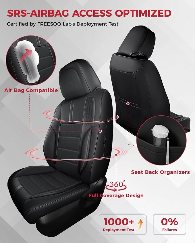 FREESOO Universal Front Seat Covers, Waterproof Faux Leather Automotive Seat Covers with Carbon Fiber Texture Seat Belt Pads, Anti-Slip Airbag Compatible Car Seat Protectors for Cars SUVs Trucks