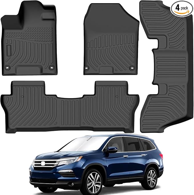 All Weather Rubber Car Floor Mats Compatible with 2016-2022 Honda Pilot 7 Passenger (Not Fit 8 Passenger), Full Set Includes 1st 2nd and 3rd Rows Maximum Coverage, Laser Measured, Non Slip