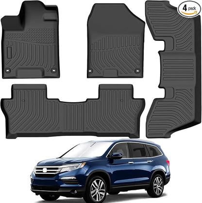 All Weather Rubber Car Floor Mats Compatible with 2016-2022 Honda Pilot 7 Passenger (Not Fit 8 Passenger), Full Set Includes 1st 2nd and 3rd Rows Maximum Coverage, Laser Measured, Non Slip
