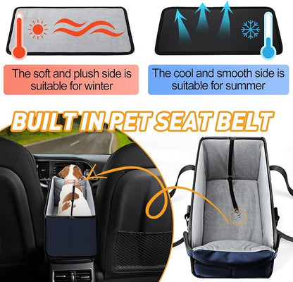 Portable Dog Car Seat for Small Dogs - Adjustable Safety Leash, Washable Cushion & Storage Pocket - Pet Booster Seat for Car Travel- Navy Blue